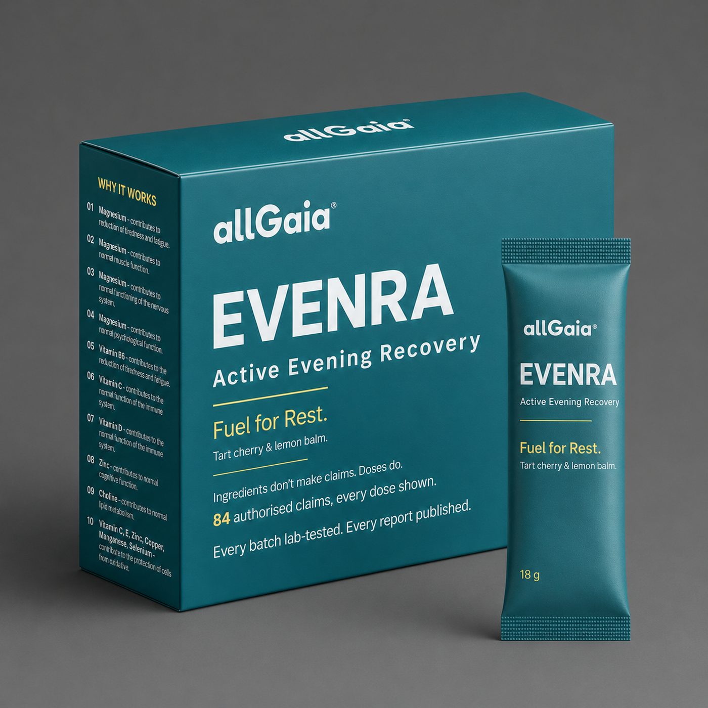 An EVENRA box standing beside a single 18 g sachet.
