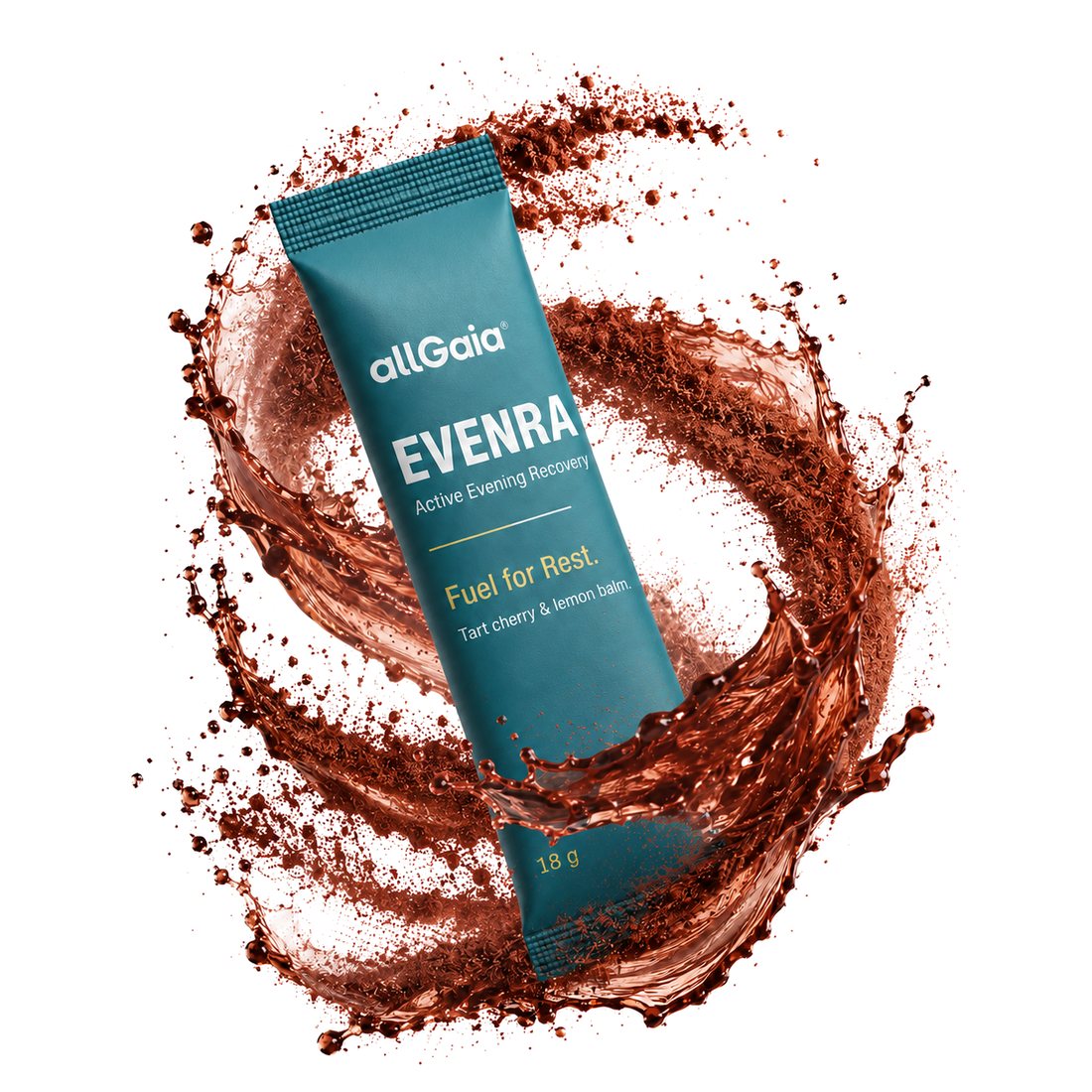 One 18 g EVENRA sachet in a swirl of tart cherry powder and juice.