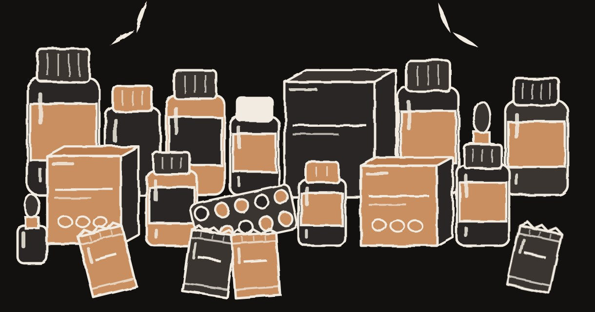 Twenty jars, bottles, tablet boxes and sachets, hand drawn