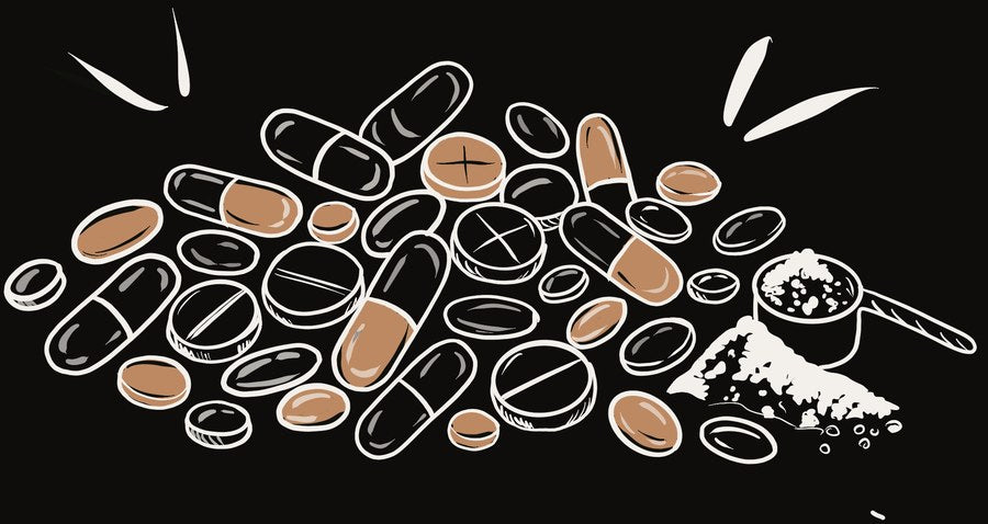 A pile of capsules, tablets and powder, hand drawn